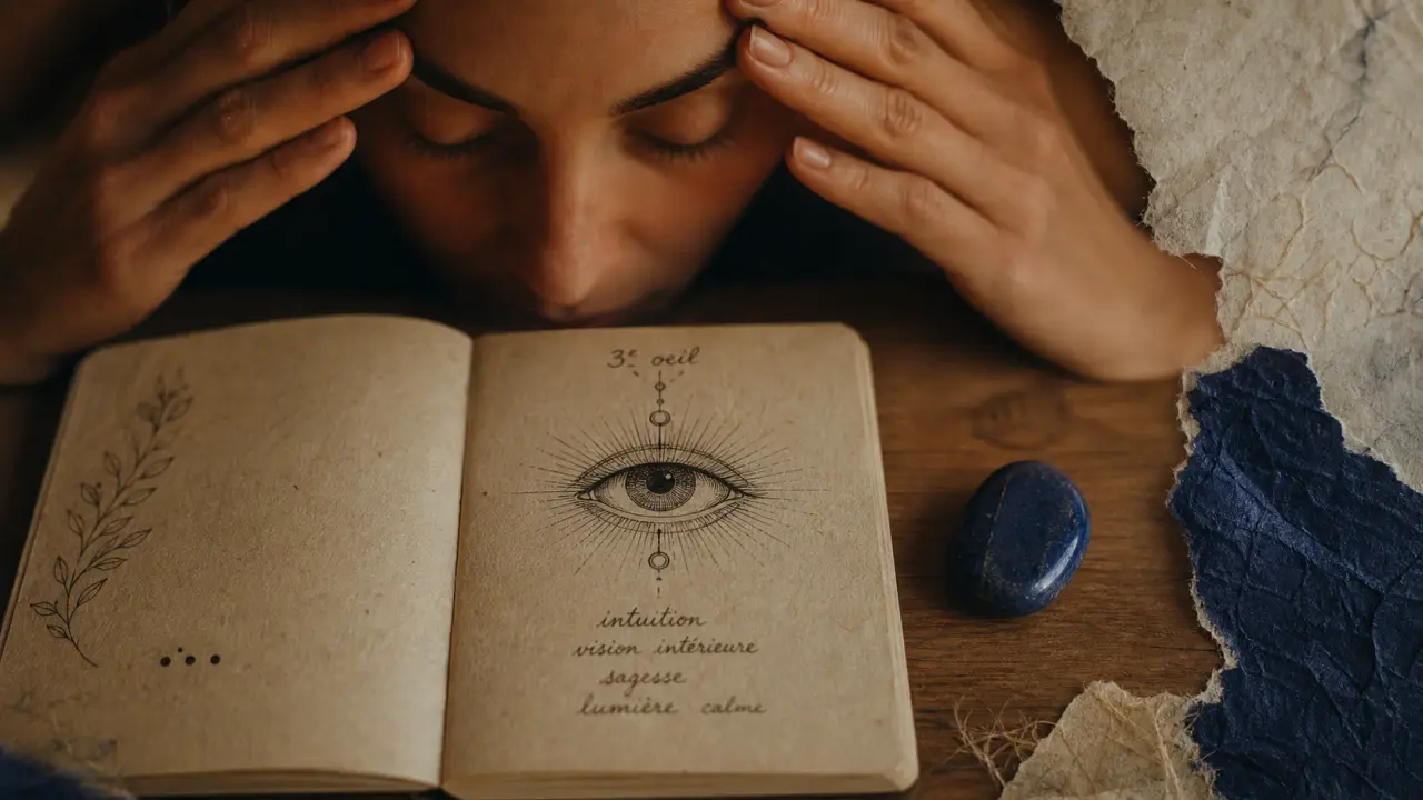 3è oeil, chakra Ajna : mains sur le front, pierre indigo
