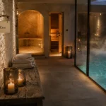 Arômes et bien être : couloir vers piscine intérieure chauffée au spa 400 m²