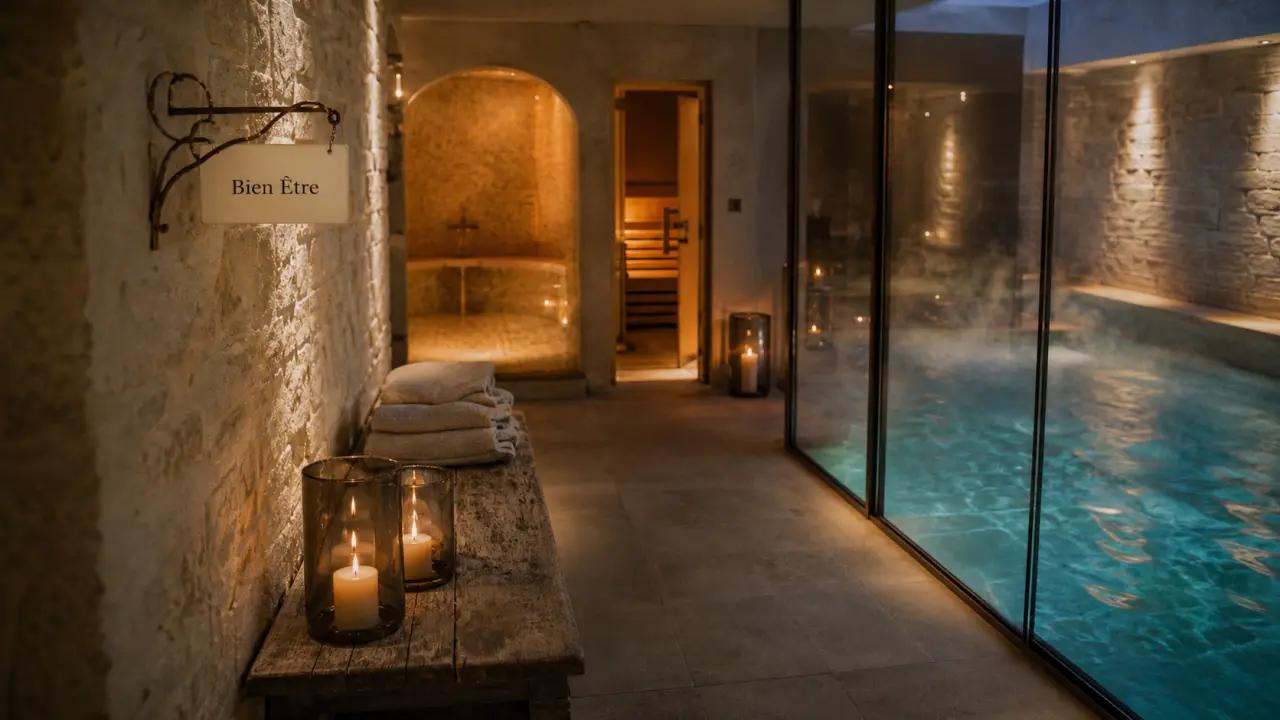 Arômes et bien être : couloir vers piscine intérieure chauffée au spa 400 m²