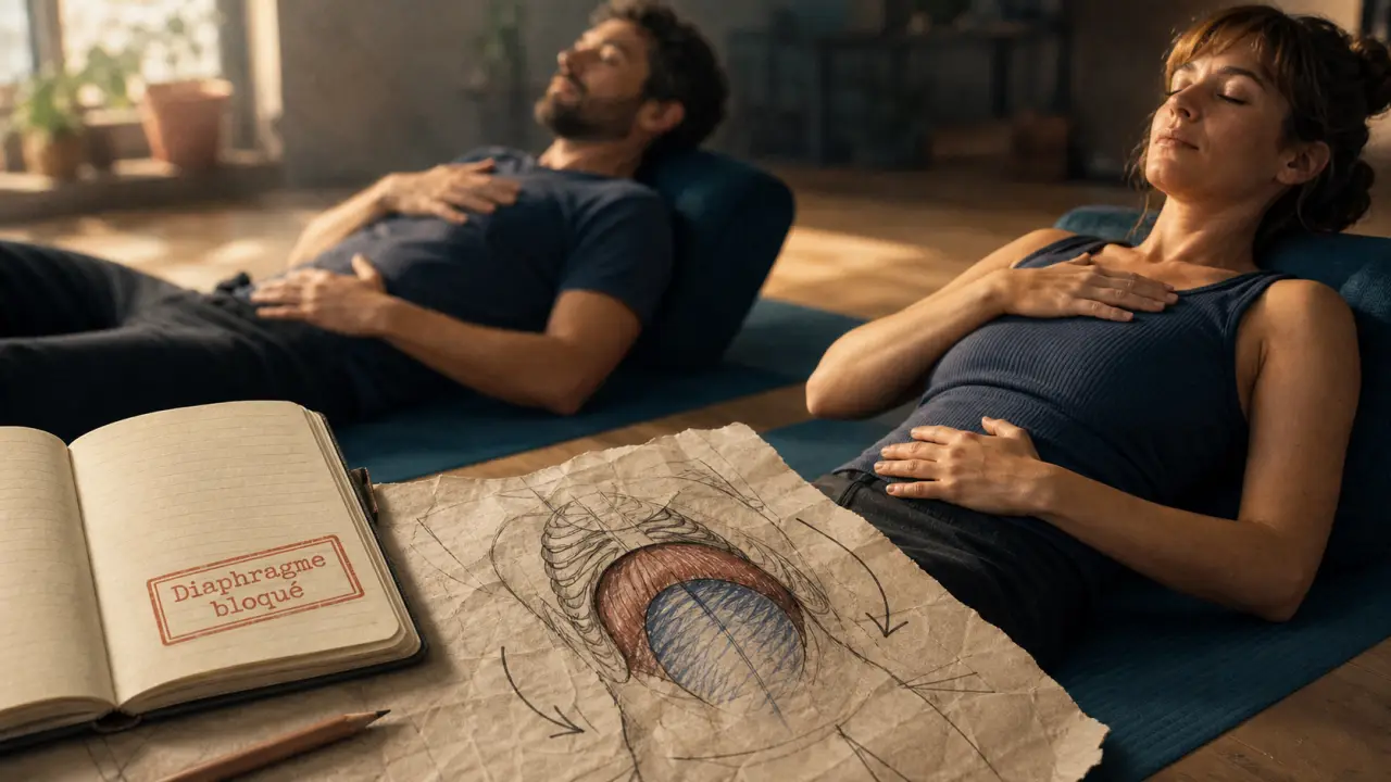 Diaphragme bloqué traitement : main sur ventre, respiration