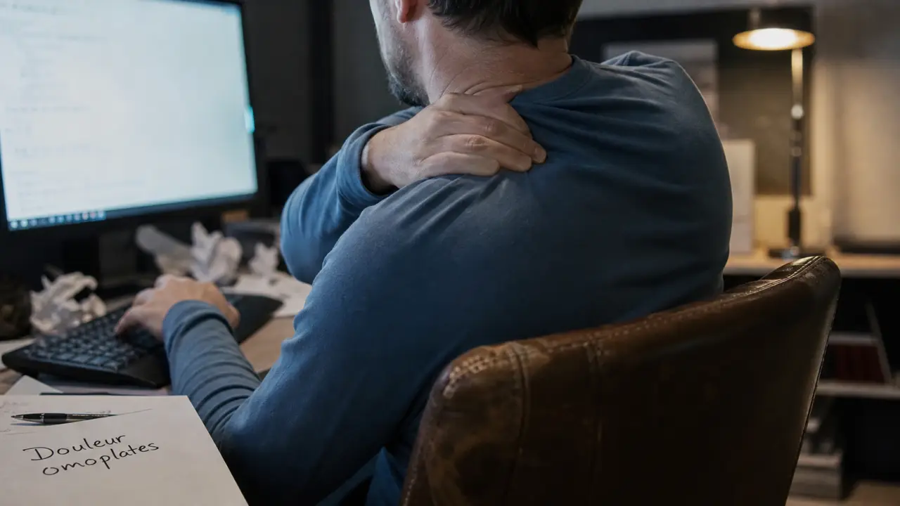 Douleur entre omoplates dos : posture au bureau, mains près des omoplates