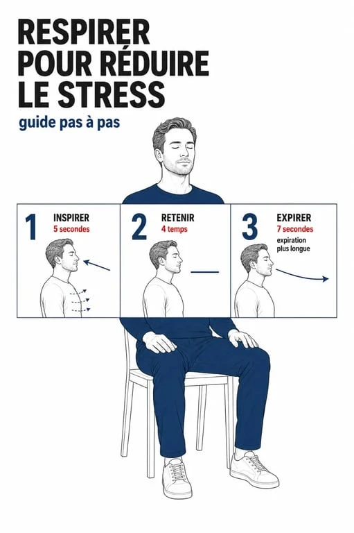 Exercices de respiration anti-stress : illustration pas à pas de la cohérence cardiaque et de la respiration abdominale