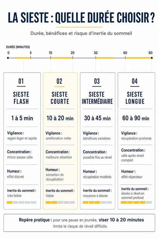 Infographie sur la sieste: bonne ou mauvaise idée, avec durée idéale et effets
