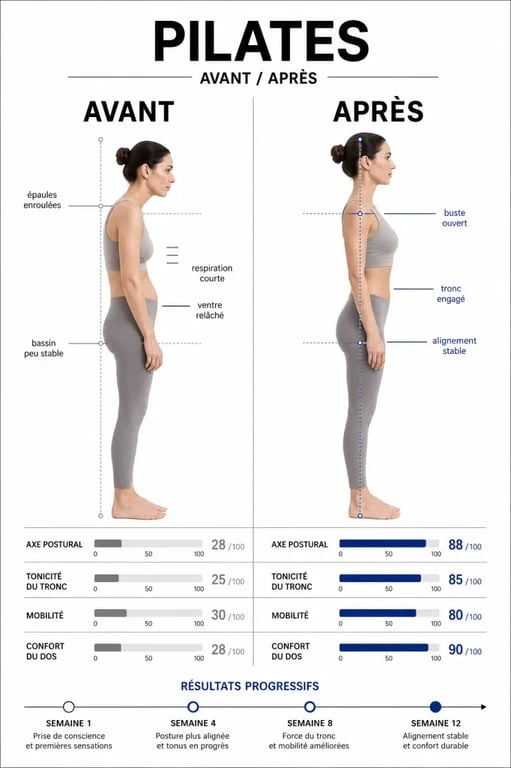 Pilates avant après : comparaison visuelle de la posture, du tronc et de la mobilité