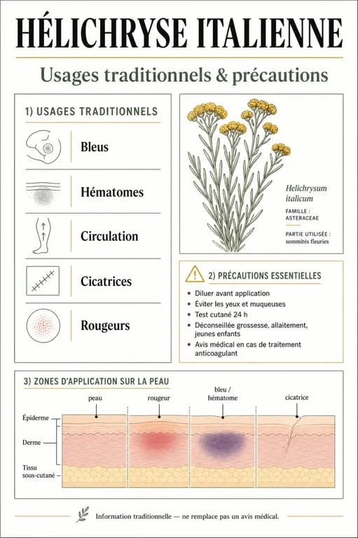 Hélichryse bienfaits : visuel éditorial sur les usages, propriétés et précautions de l’huile essentielle