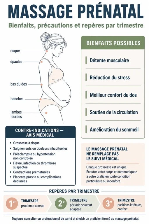 Infographie sur les bienfaits et précautions du massage pour femme enceinte