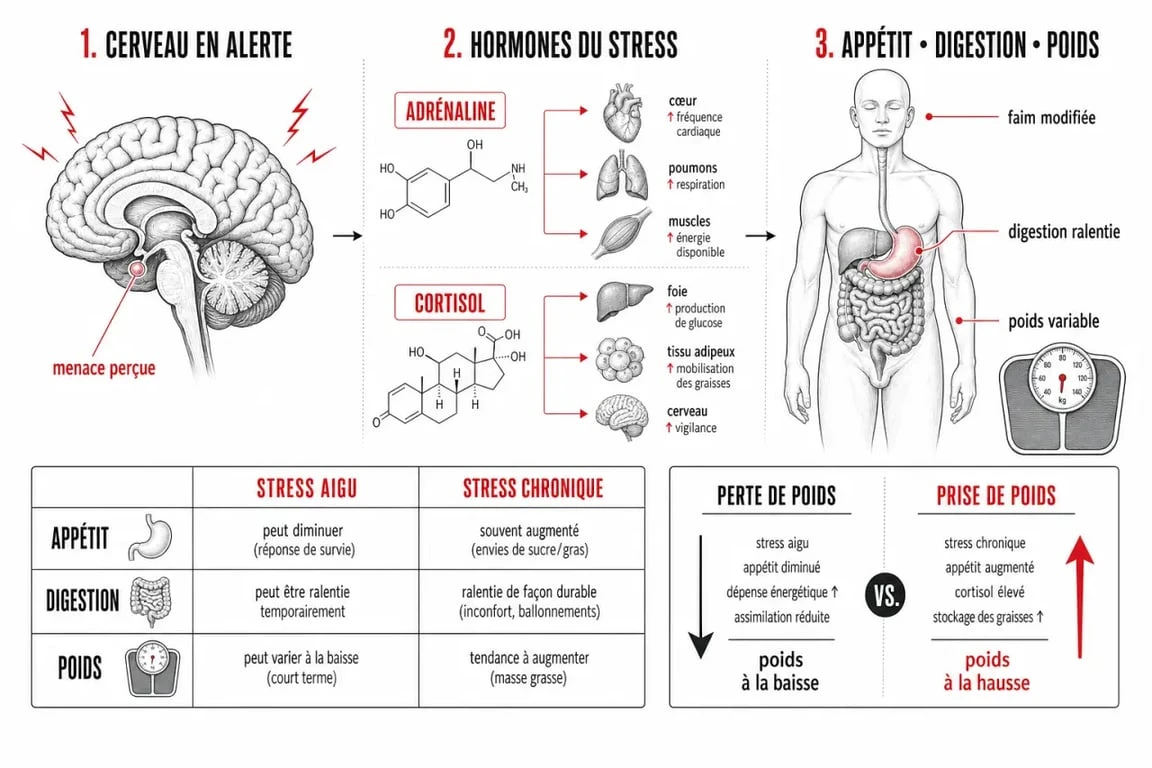 Infographie sur le stress et perte de poids montrant les mécanismes hormonaux, l’appétit et la digestion