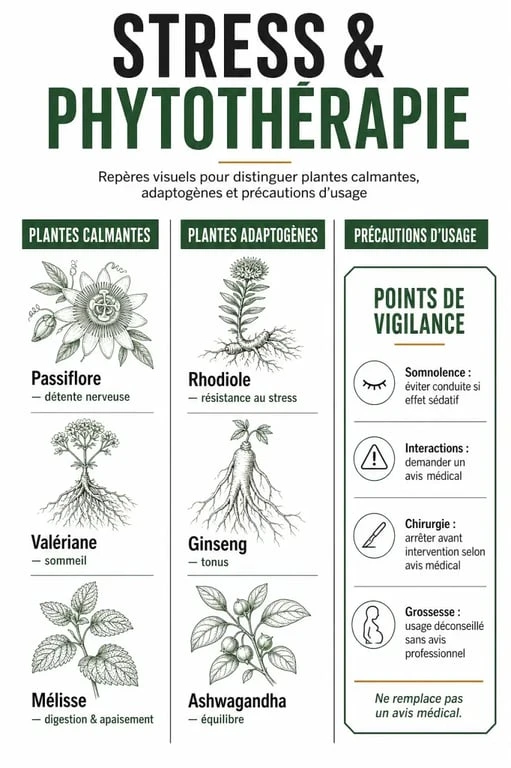 Infographie sur le stress et phytothérapie avec plantes calmantes, adaptogènes et précautions d’usage