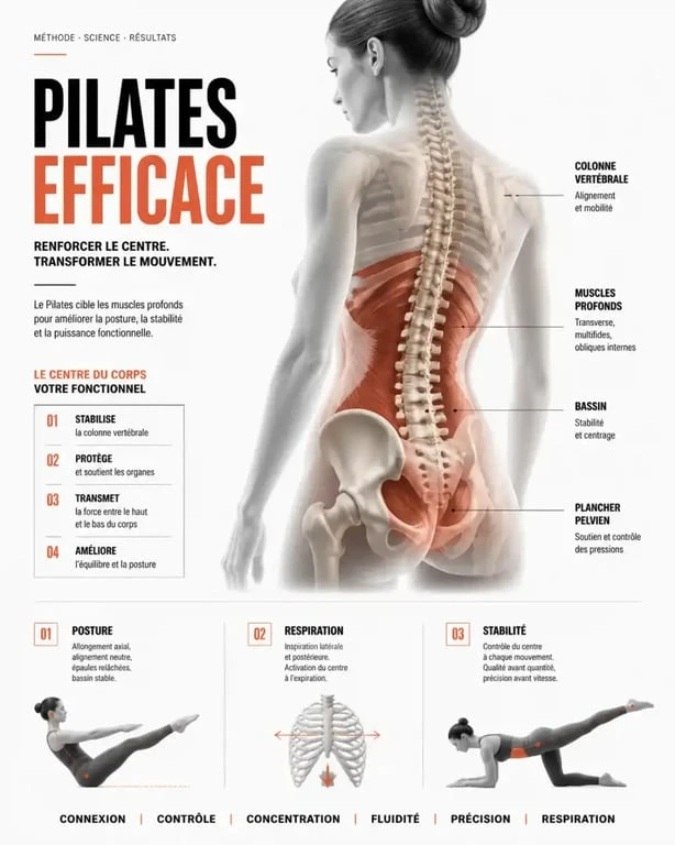 Pilates efficace : schéma des muscles profonds, de la posture et de la respiration