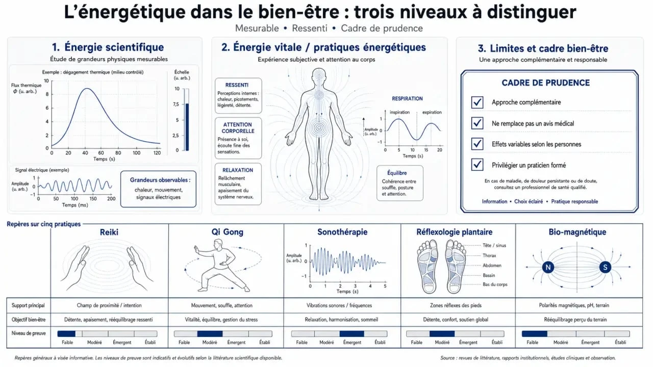 Qu'est ce que l'énergétique : schéma éditorial comparant énergie scientifique, énergie vitale et principales pratiques énergétiques