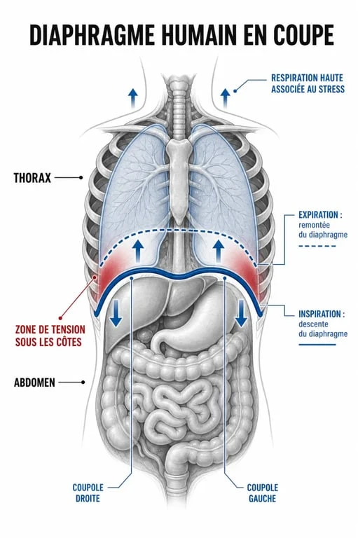 Schéma du diaphragme bloqué traitement avec respiration abdominale et zones de tension sous les côtes