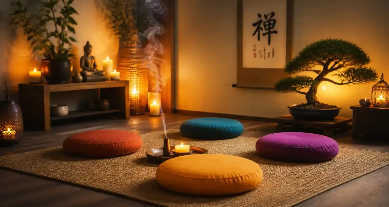 Espace de méditation zen avec bougies, coussins et bonsaï