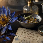Fleur de lotus bleu : nénuphar sacré Nymphaea caerulea, vue de dessus