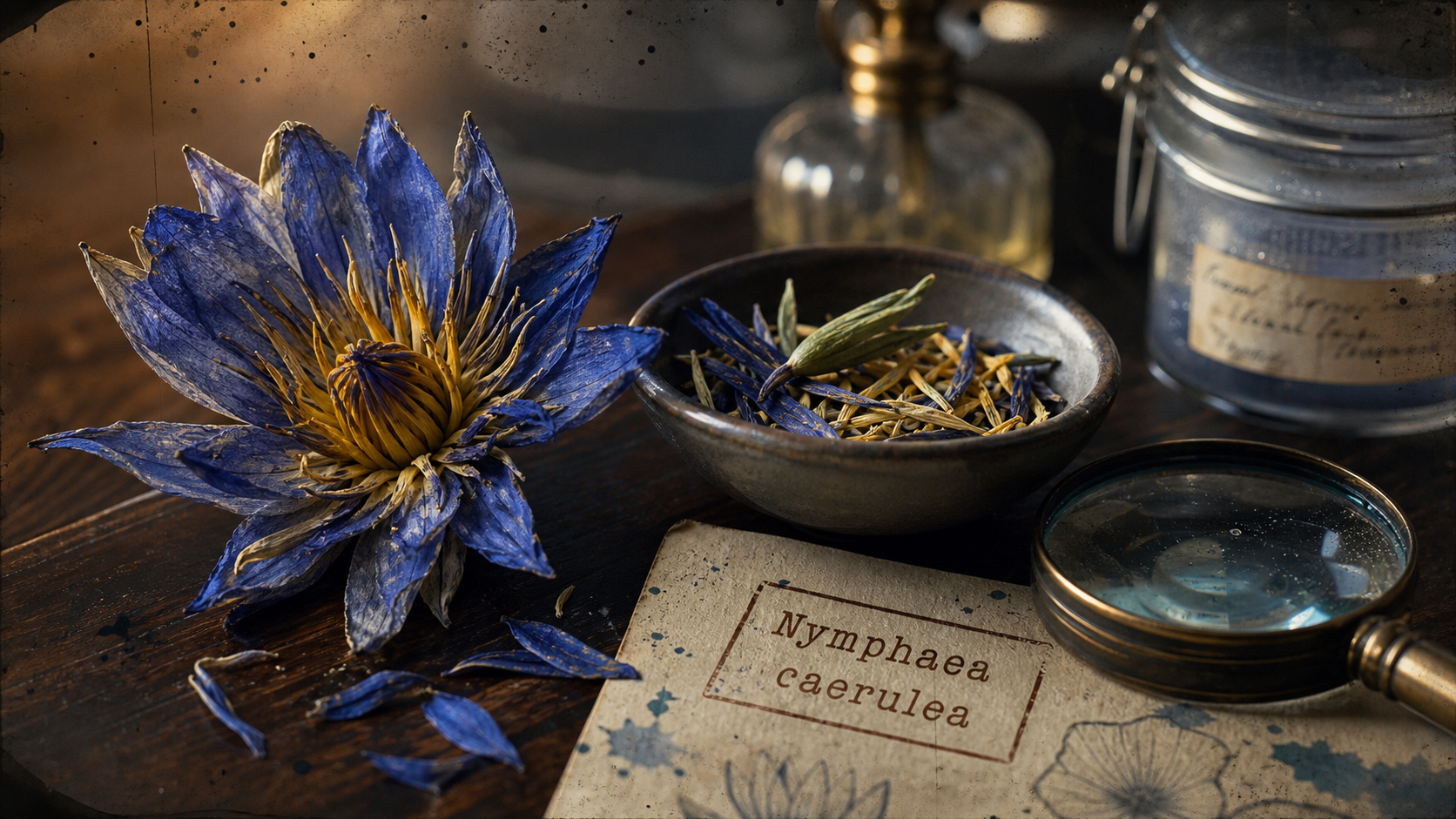 Fleur de lotus bleu : nénuphar sacré Nymphaea caerulea, vue de dessus