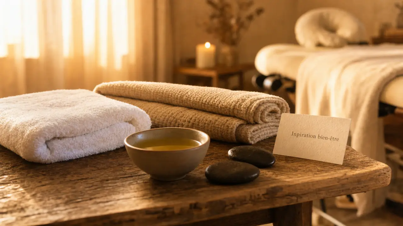 Inspiration bien être à Vienne : table de massage, huiles et pierres chaudes