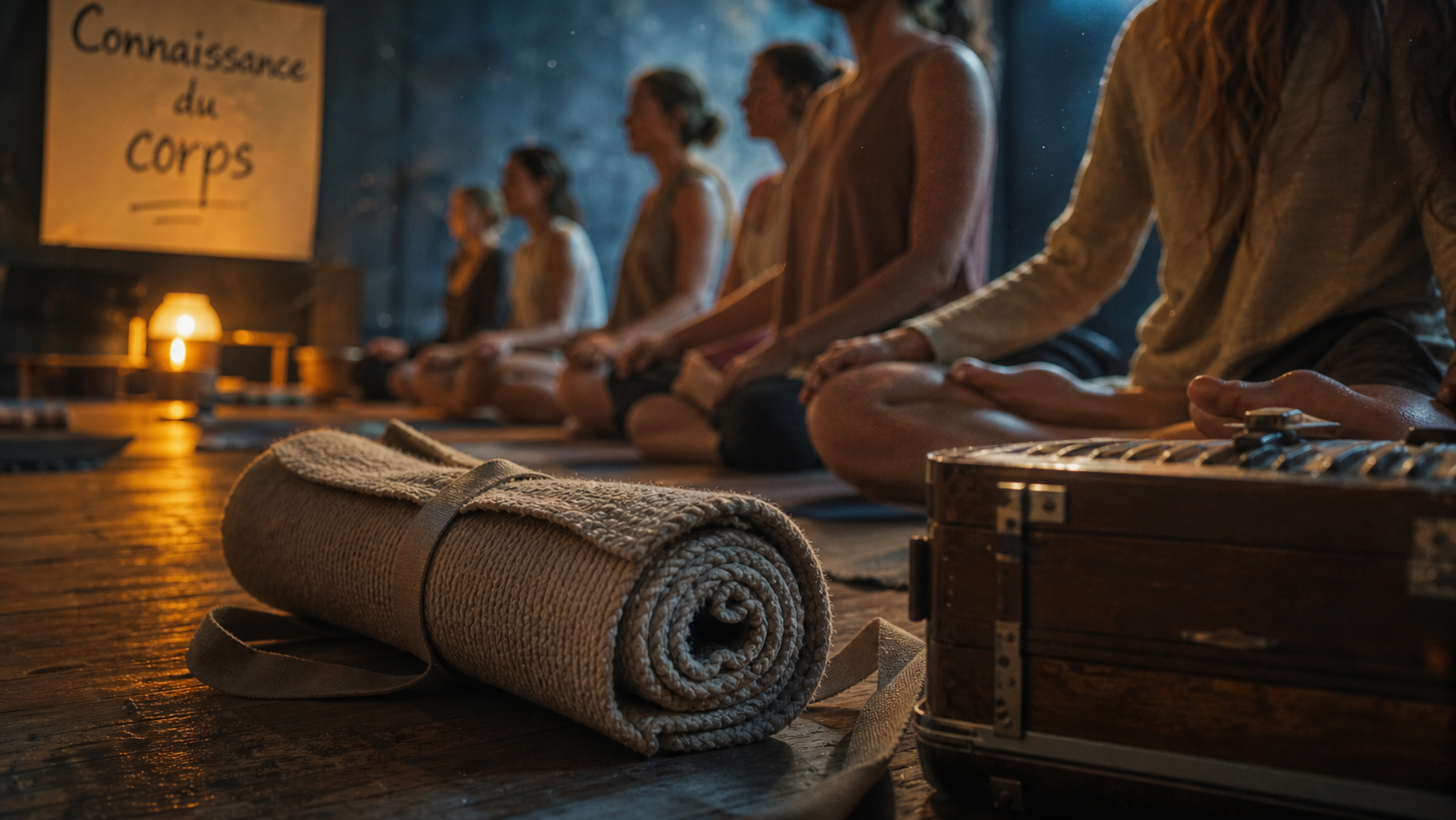 Le monde du yoga : studio de méditation avec harmonium et tapis de yoga