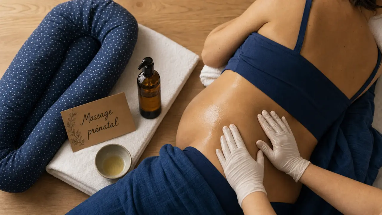 Massage pour femme enceinte : massage du dos prénatal, huile et coussin de grossesse