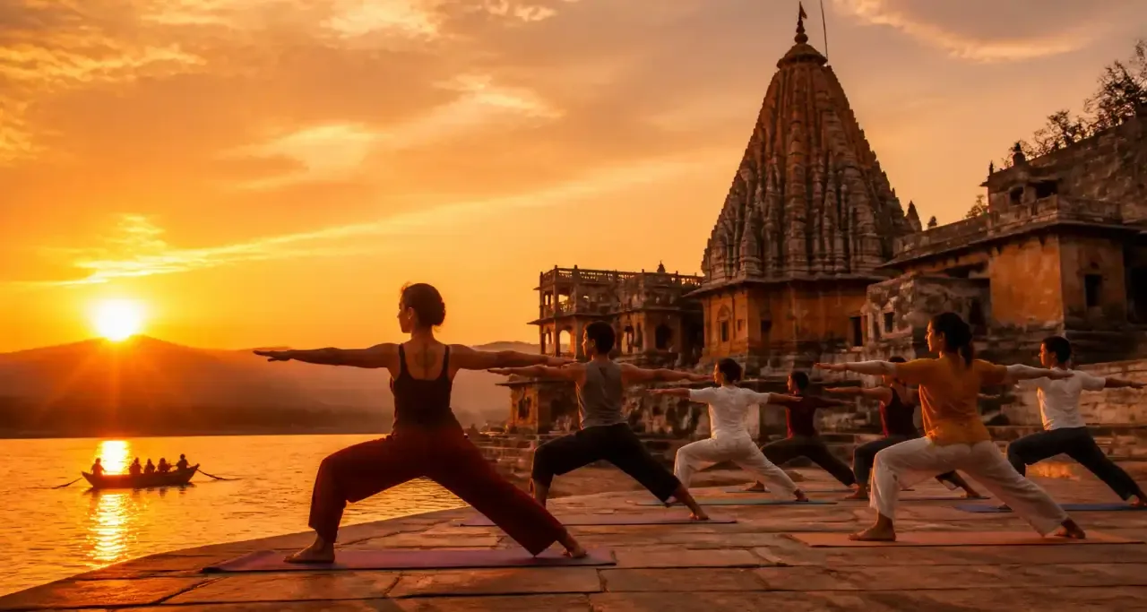 Posture du guerrier devant un temple en Inde au coucher du soleil lors d'une retraite