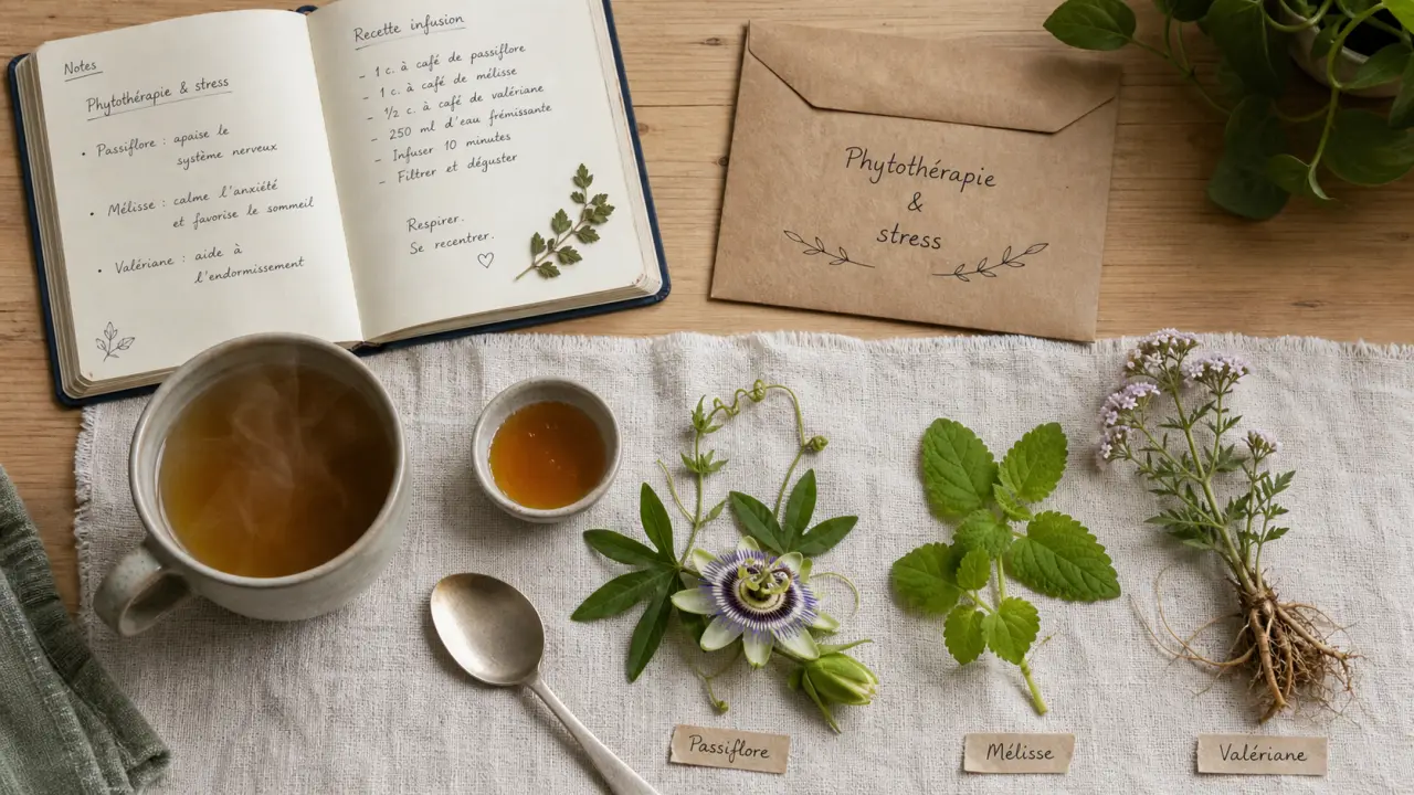 Stress et phytothérapie : infusion calmante aux plantes (passiflore, mélisse, valériane)