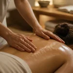 Technique de massage pour le dos : mains sur épaules et haut du dos, huile neutre