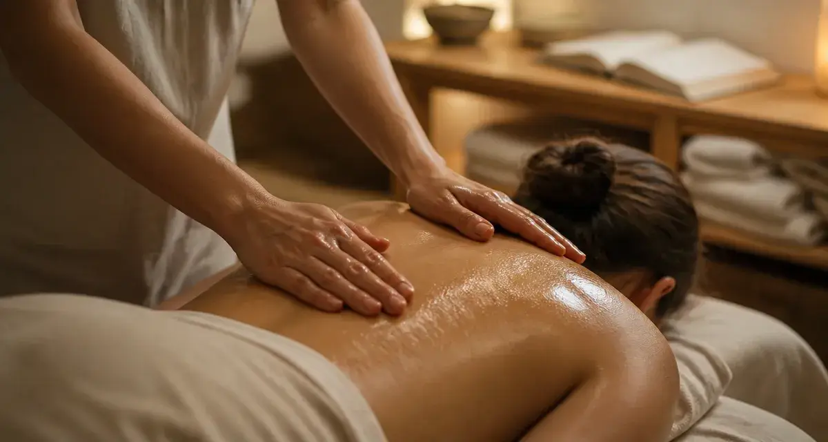 Technique de massage pour le dos : mains sur épaules et haut du dos, huile neutre