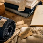 Chin mudra yoga : tapis, brique liège et vêtements bio sur table
