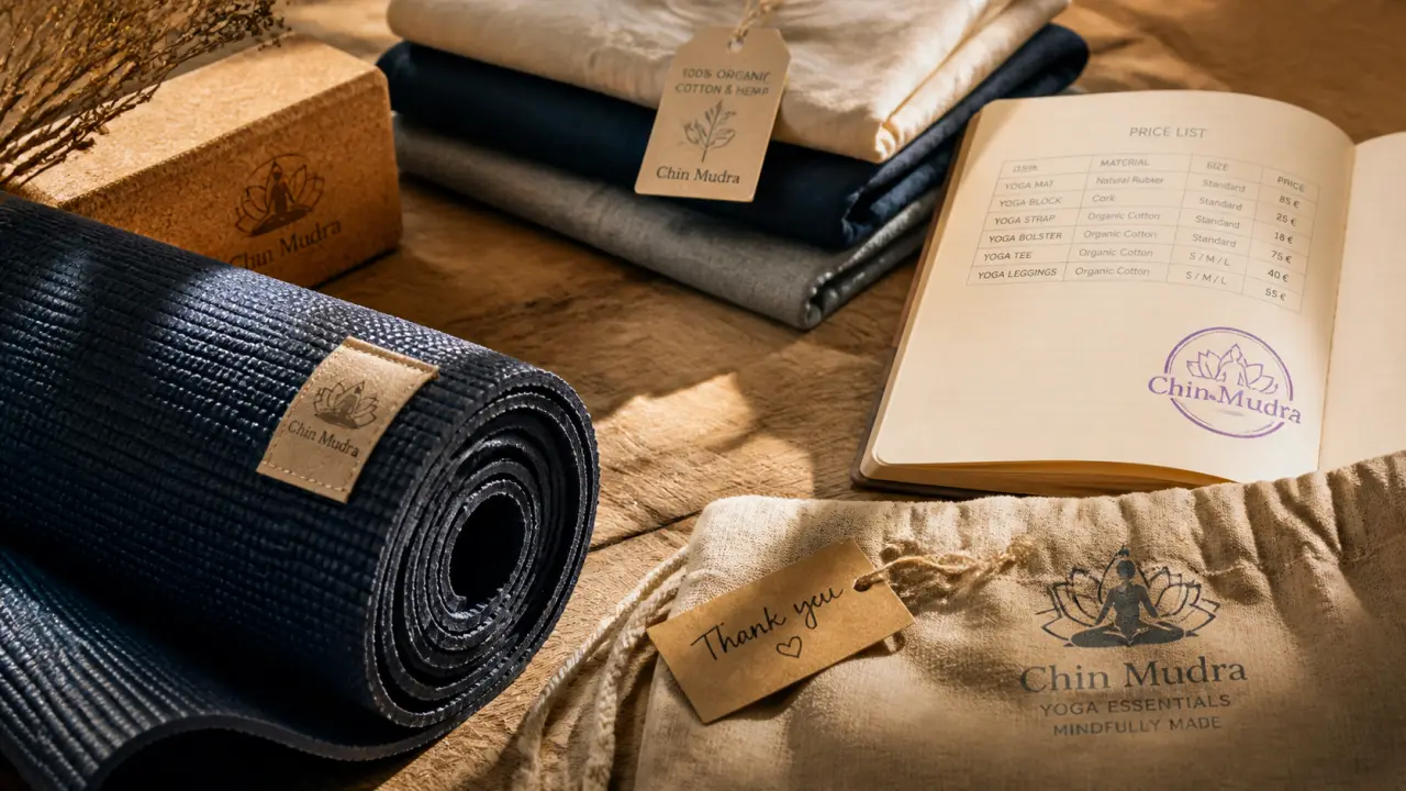 Chin mudra yoga : tapis, brique liège et vêtements bio sur table
