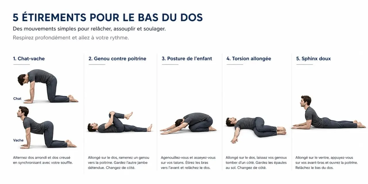 Étirements lombaires illustrés en séquence avec les principales postures de mobilité du bas du dos