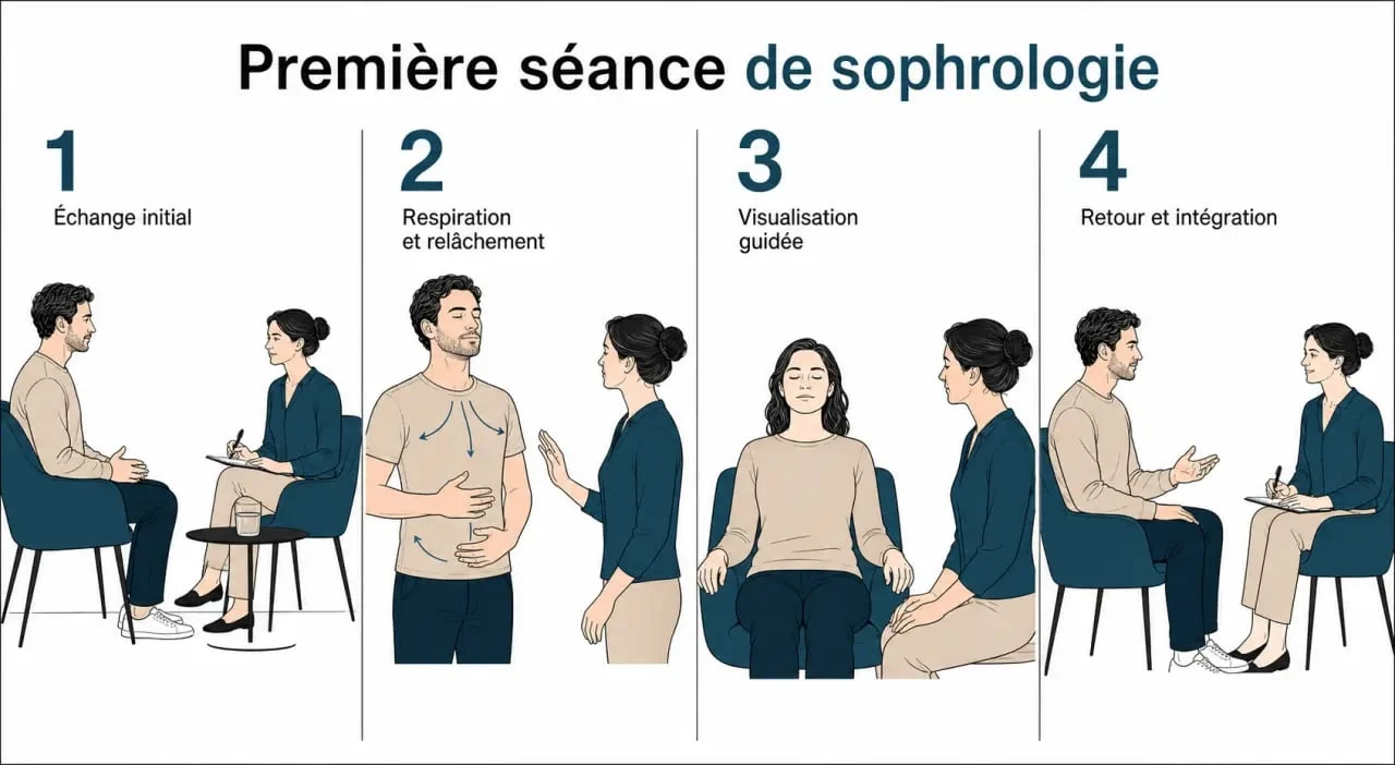 Séance de sophrologie en 4 étapes lors d’une première séance : échange, respiration, visualisation et retour verbal