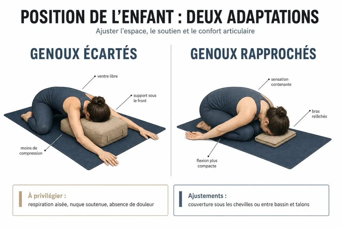Position de l'enfant yoga : variantes avec genoux écartés, coussin et brique pour plus de confort