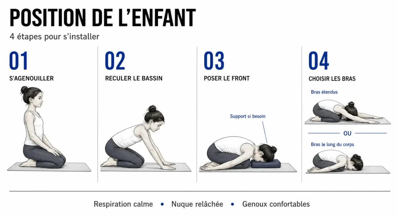 Position de l'enfant yoga : schéma en 4 étapes pour placer les genoux, le bassin et le front