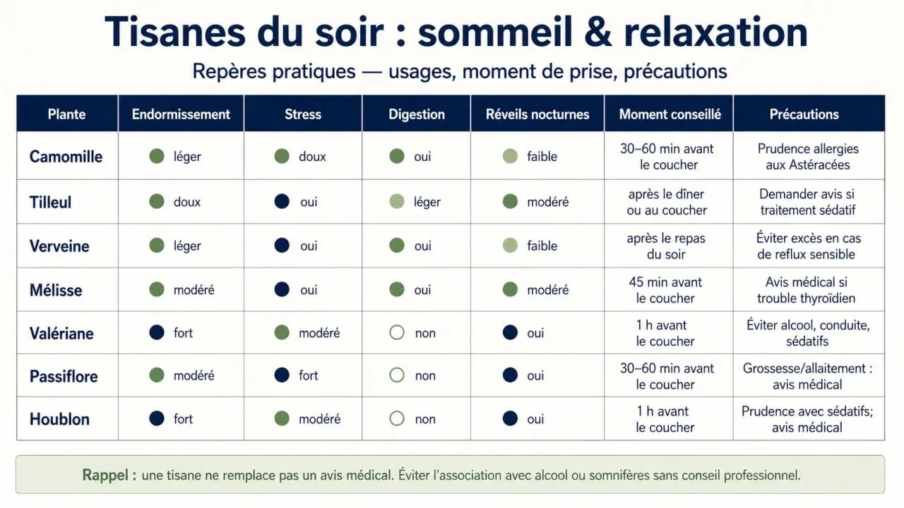 Herbal teas for sleep and relaxation : visuel comparatif des tisanes du soir selon le besoin, avec timing et précautions