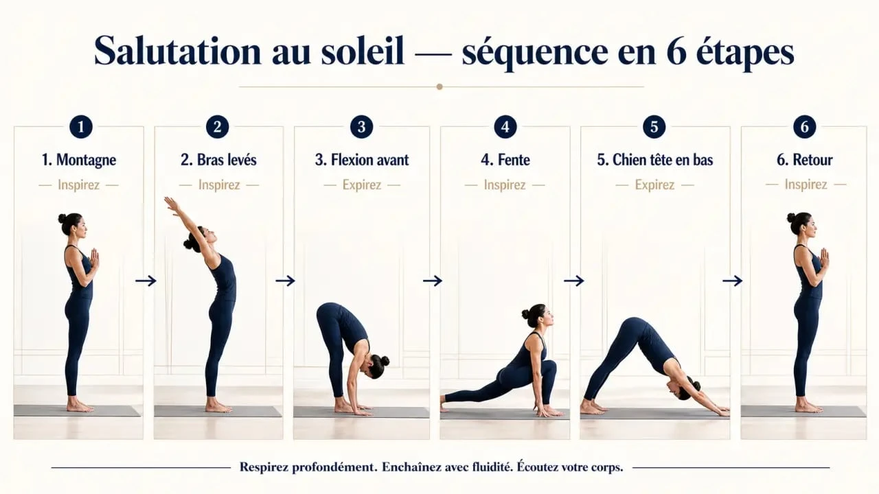 Salutation au soleil yoga en séquence pas à pas avec repères de respiration