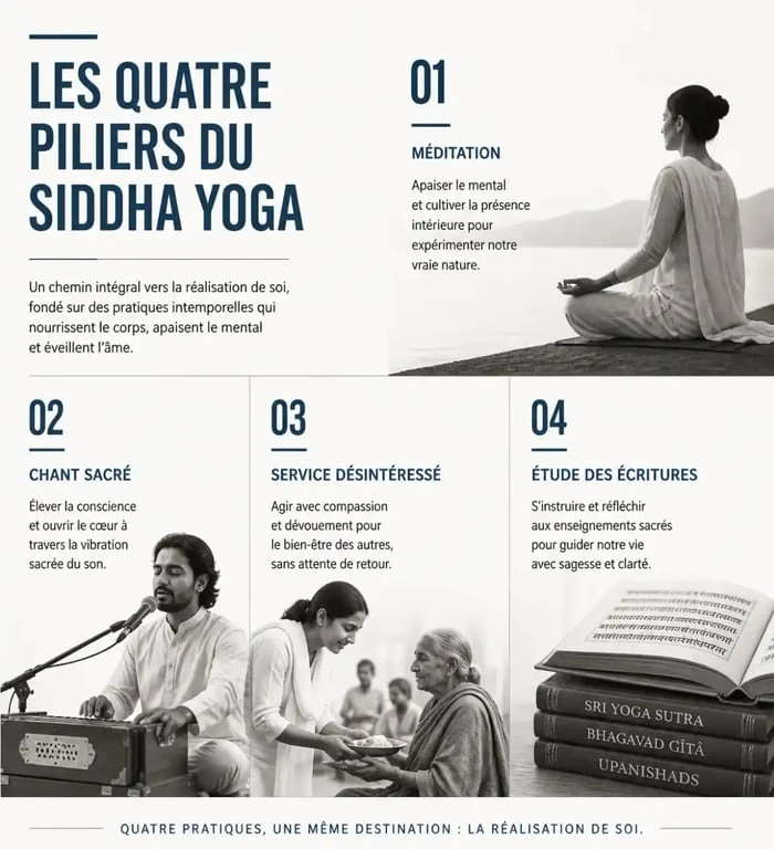 Les quatre piliers de la pratique du Siddha Yoga : méditation, chant, service et étude.