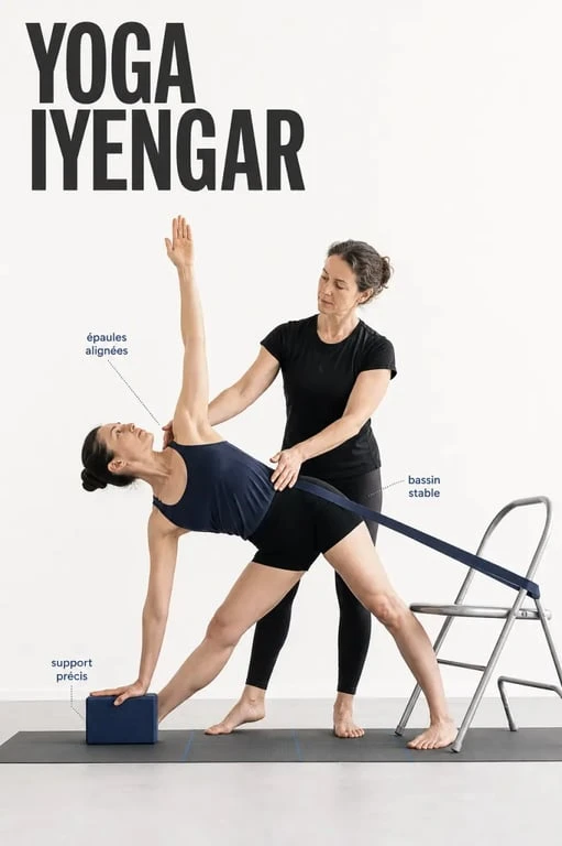 Yoga Iyengar avec blocs, sangle et chaise pour l'alignement postural