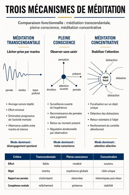 Infographie comparative des différentes méthodes de méditation incluant la méditation transcendantale