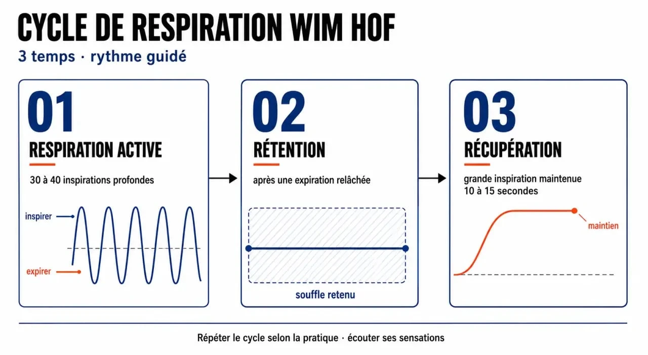 Respiration Wim Hof : schéma du cycle respiration active, rétention et récupération
