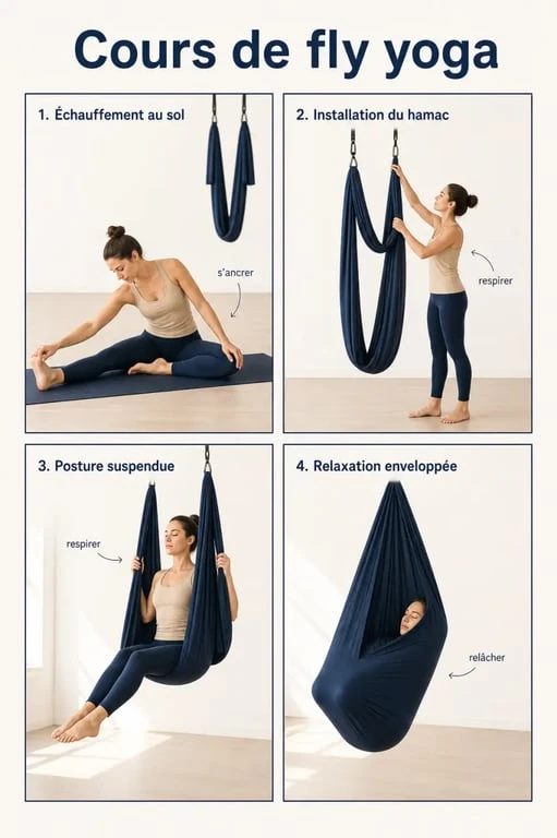 Séance de fly yoga en plusieurs étapes dans un hamac aérien