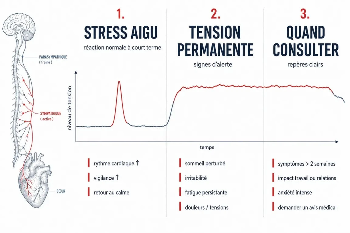 Gestion stress : schéma comparant stress aigu, stress chronique, symptômes et repères pour consulter