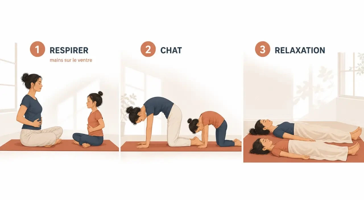 Yoga enfance : parent et enfant pratiquant des postures simples à la maison