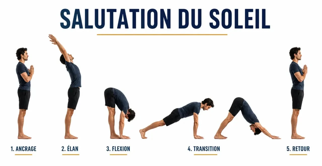 Salutation du soleil yoga illustrée en séquence visuelle