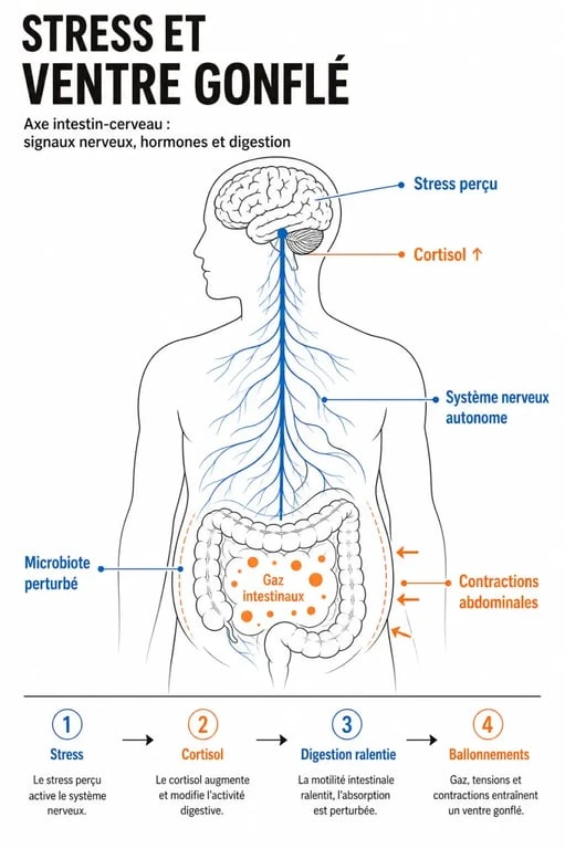 Illustration explicative du stress et ventre gonflé montrant l’axe intestin-cerveau