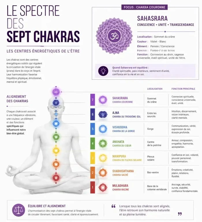 Infographie des chakras mettant en avant la signification spirituelle du chakra couronne et de la couleur violette
