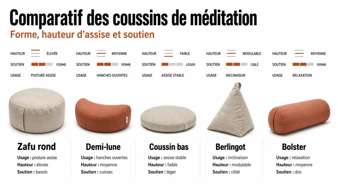 Comparatif coussin de méditation avec zafu, demi-lune, coussin bas, berlingot et bolster