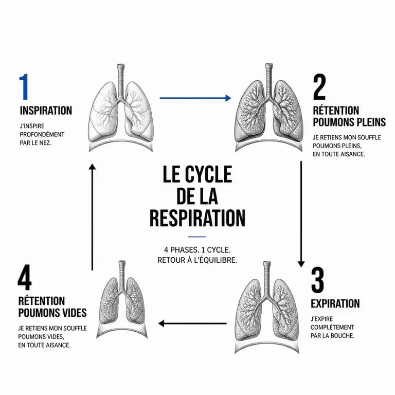 Schéma explicatif des 4 phases de la respiration en carré pour la gestion du stress