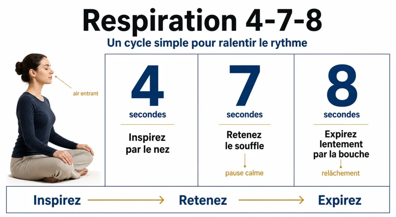 Respiration 4 7 8 illustrée en trois étapes pour comprendre la méthode