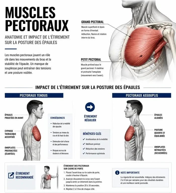 Infographie sur les étirements pectoraux et l'anatomie musculaire