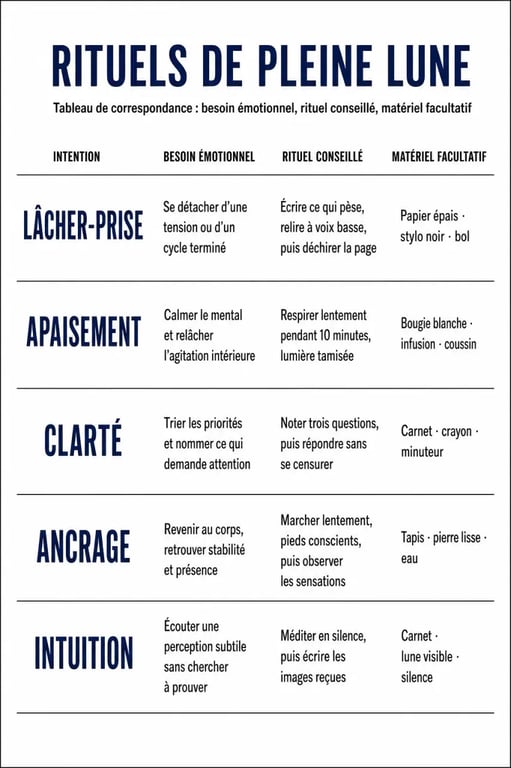 Rituels de pleine lune : tableau visuel des besoins et rituels conseillés