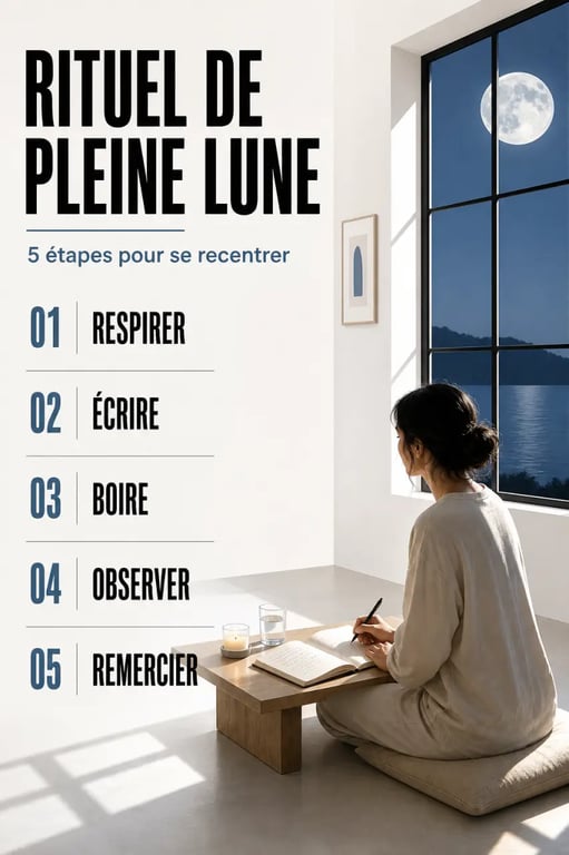 Rituels de pleine lune à la maison avec carnet, bougie et lumière douce