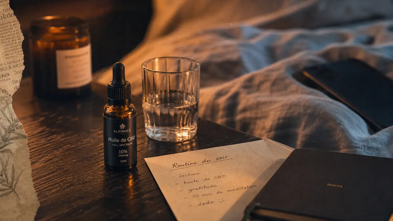 Huile de cbd pour dormir, flacon ambré sur table de nuit